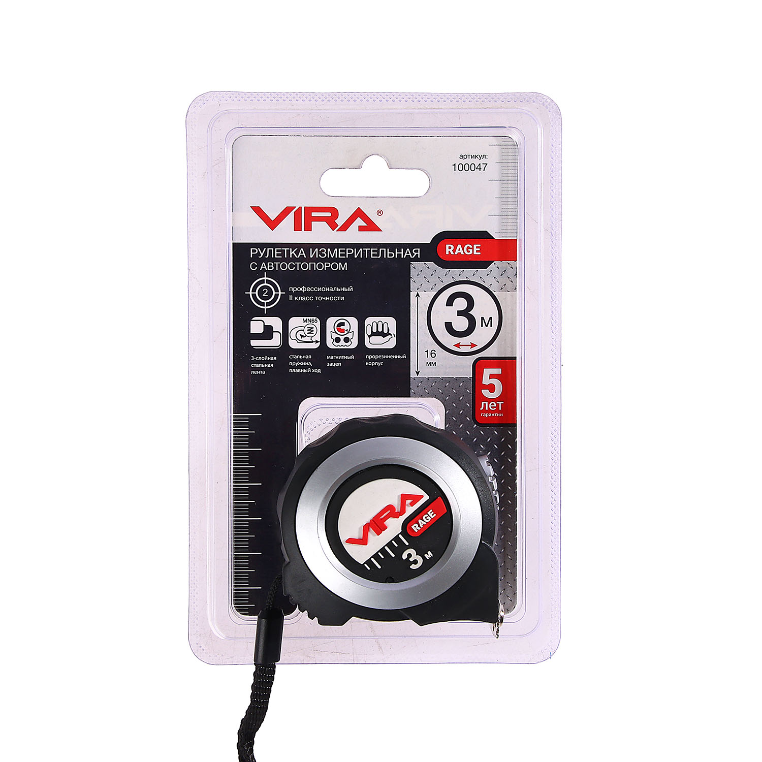 Рулетка 3м х16мм резино-пластик. корпус стальная лента автостоп магнит арт.100047 VIRA RAGE *1
