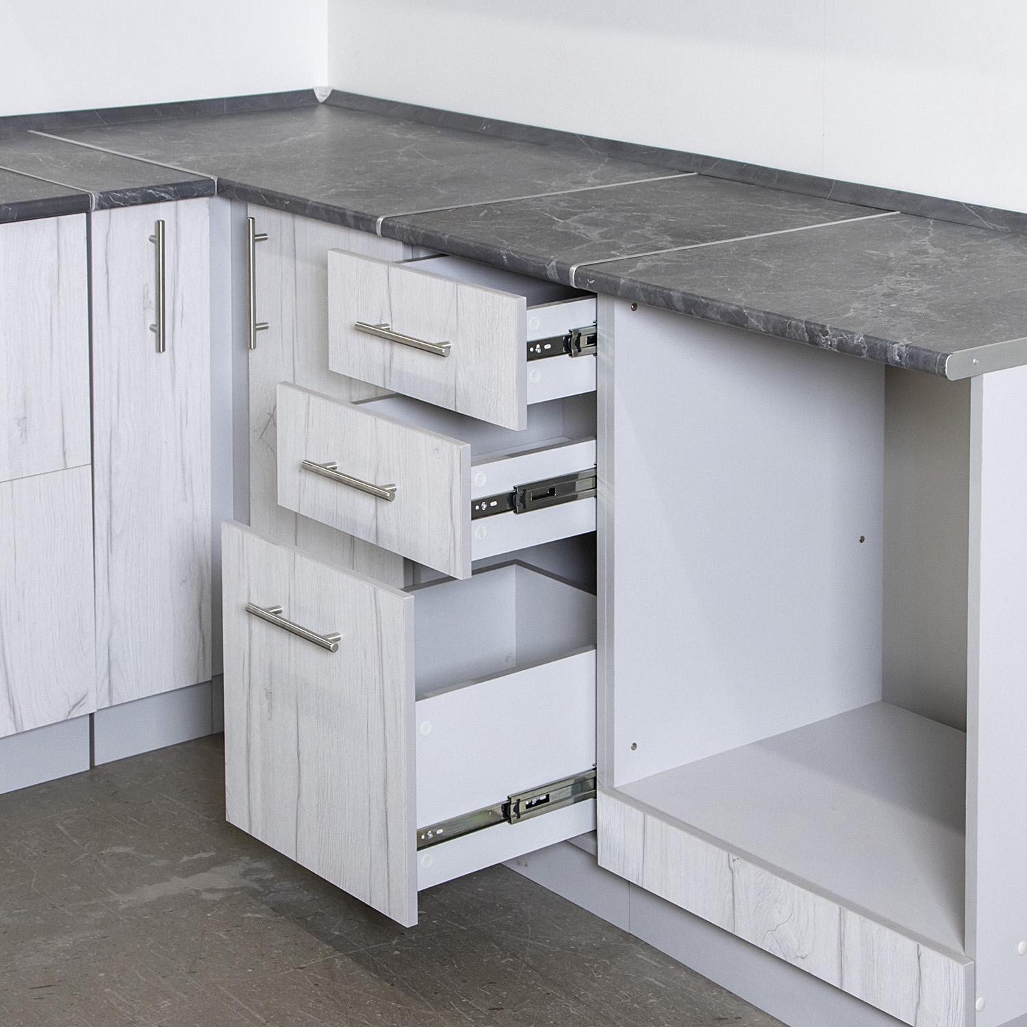 Шкаф напольный 400х850х600 мм BROZEX-WOOD Camellia, с тремя ящиками, серый / юта