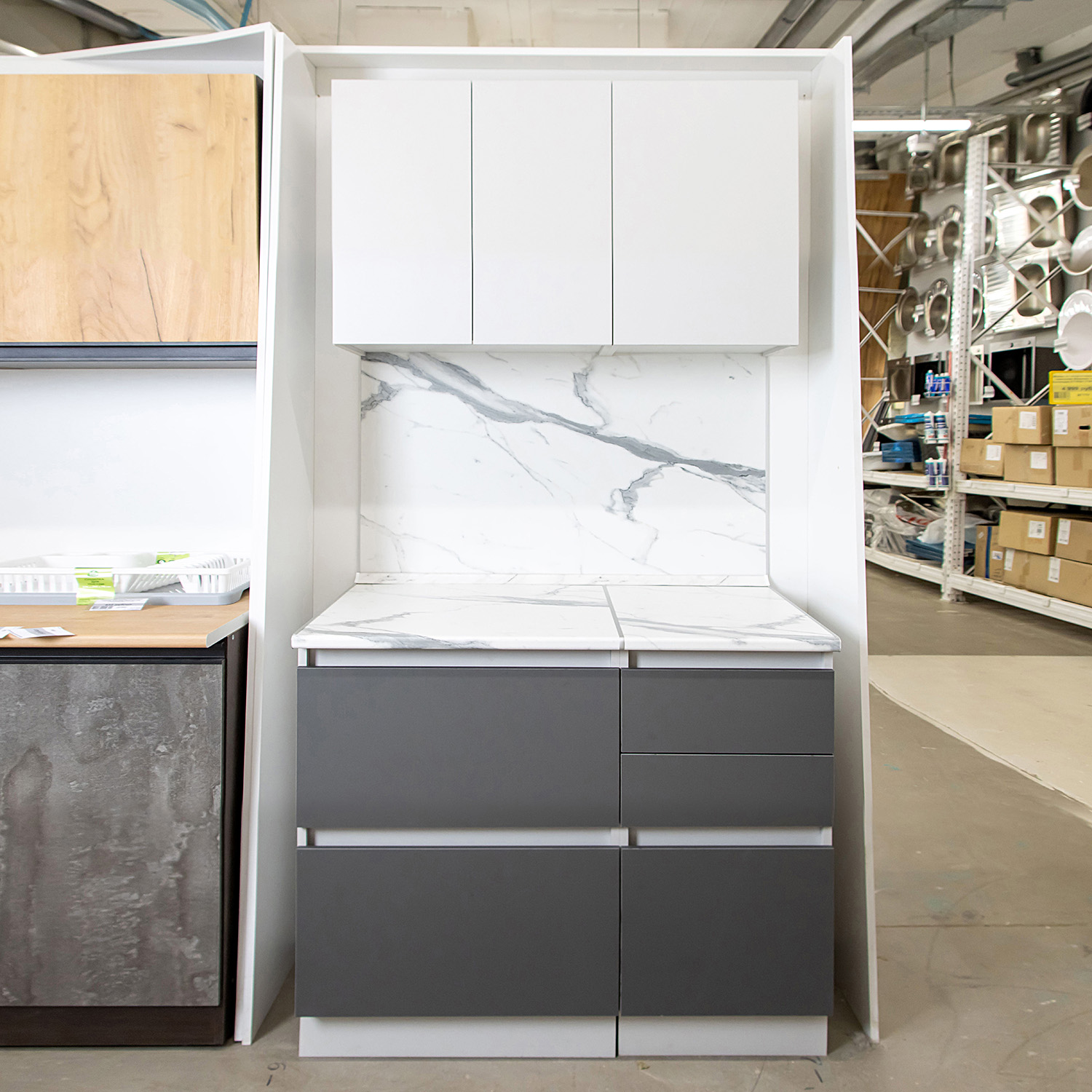 Шкаф напольный 600х850х600 мм BROZEX-WOOD Серый лед, с двумя ящиками, серый / графит