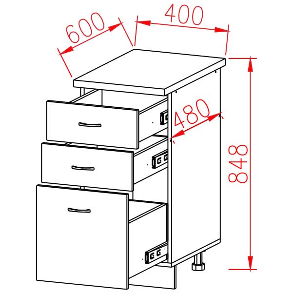 Шкаф напольный 400х850х600 мм BROZEX-WOOD Camellia, с тремя ящиками, серый / юта