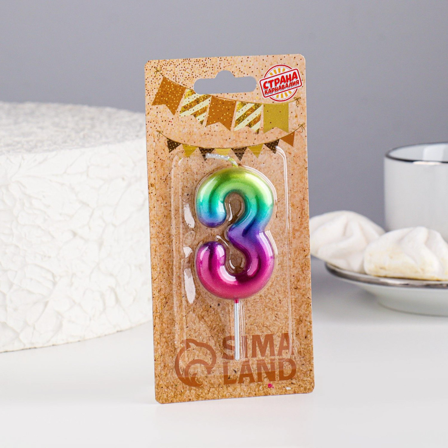 Свеча в торт "Акварель", цифра 3, 6 см 120315