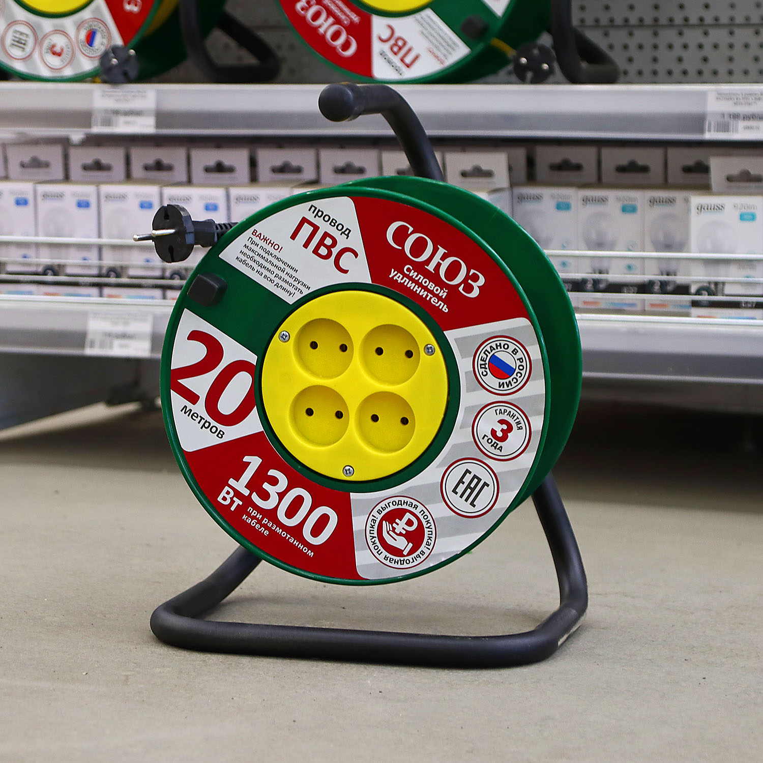 Удлинитель 4 розетки 20м б/з КАТУШКА 6А IP20 1.3кВт Союз 481S-3102 *1