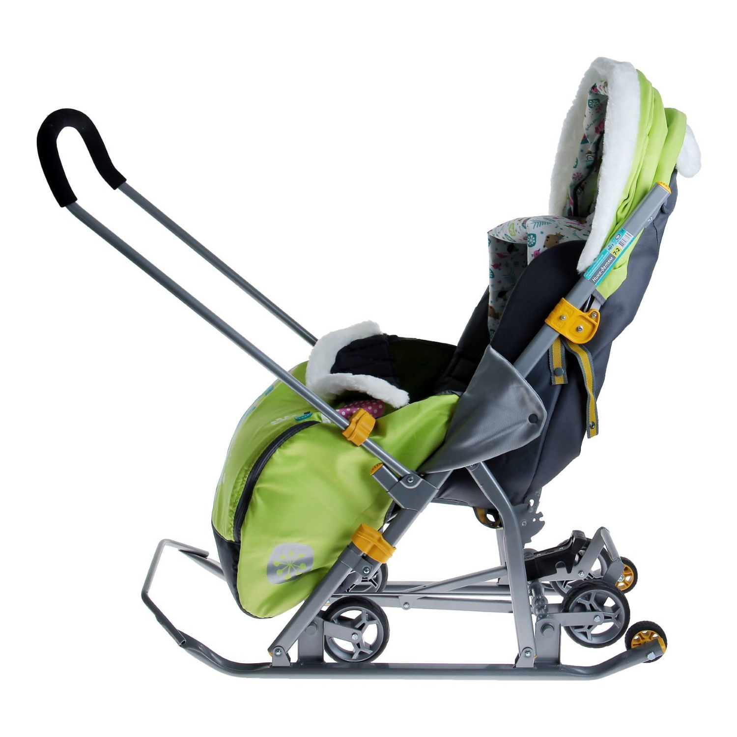 Санки-коляска детские "Ника Детям 7-2" лимонный рис."жираф" плоск.полозья/колеса НД7-2 *1