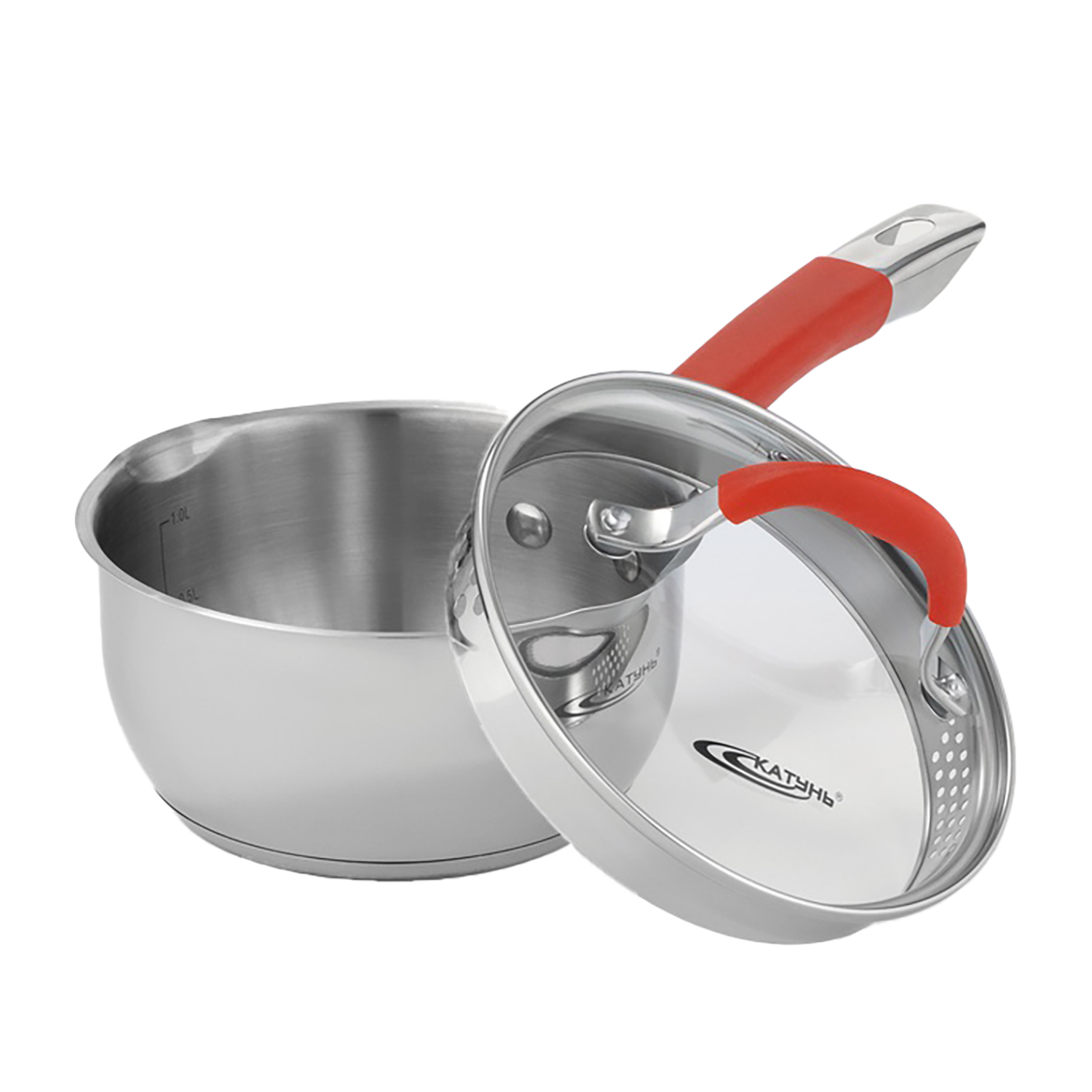 Кастрюля нерж. "Катунь" "Аврора" 1,5л d16см термораспред. дно, Стекл.кр., силик.руч. КТ07-К *1/4