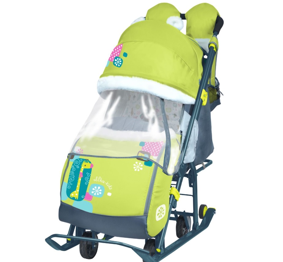Санки-коляска детские "Ника Детям 7-2" лимонный рис."жираф" плоск.полозья/колеса НД7-2 *1