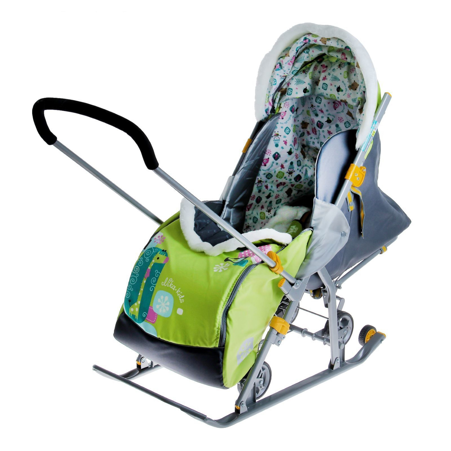 Санки-коляска детские "Ника Детям 7-2" лимонный рис."жираф" плоск.полозья/колеса НД7-2 *1