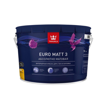 Краска интерьерная 9 л для стен и потолков Tikkurila Euro Matt 3, белая база А, глубокоматовая