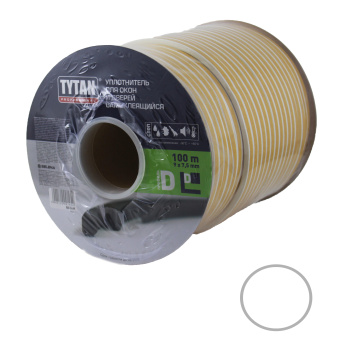 Уплотнитель TYTAN, 9х7.5 мм, для окон и дверей, профиль D, белый