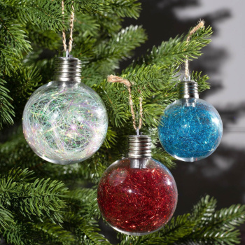 Набор елочных шаров "Мишура цветная", d=8 см, 5 LED, 3 шт, от батареек, БЕЛЫЙ  4834888